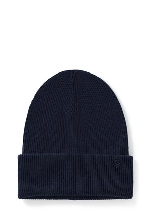 Beanie a coste in blu navy con risvolto e un piccolo logo. Texture morbida, corona arrotondata e design senza cuciture.