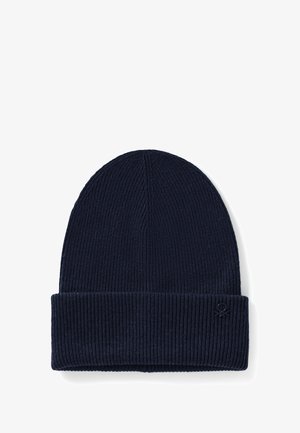Beanie a coste in blu navy con risvolto e un piccolo logo. Texture morbida, corona arrotondata e design senza cuciture.