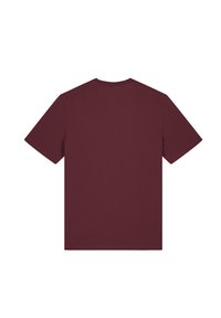 T-shirt court maroon à manches courtes avec col ras du cou, en tissu coton ; texture lisse, sans motifs ni accents visibles. Vue arrière montrée.