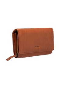 Brown leather wallet with a smooth texture, rectangular shape, and a zipper closure. Features a small pull tab and embossed logo.