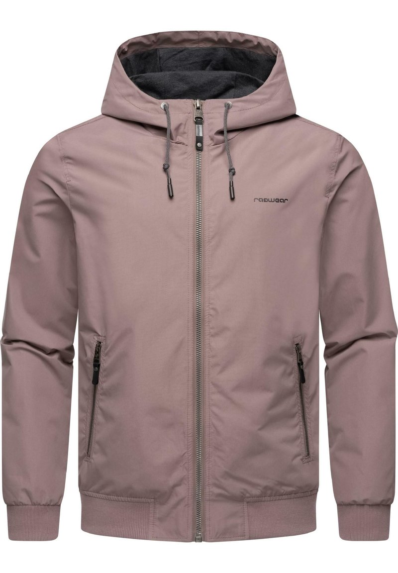 Lichtgewicht mauve jacket met een capuchon, volledige rits, twee zijzakken en geribde manchetten. Voorzien van verstelbare trekkoorden en een zachte binnenvoering.
