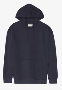 Hanorac cu glugă de culoare bleu marin, fabricat dintr-un material moale, având un buzunar tip cangur, glugă cu șnur și manșete și tiv din tricot.