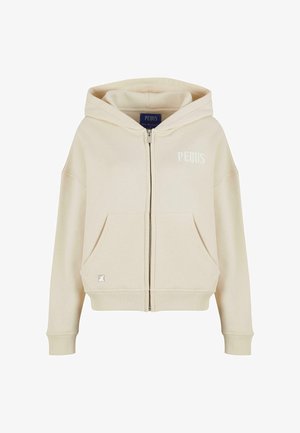 Beige tõmbluku jaotisega kapuutsiga sviiter, mis on valmistatud pehmest kangast, millel on kapuuts, ees kaks taskut, soonikkoes mansetid ning rinnal sõna "PEQUS" valge värviga.