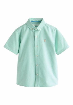 Light green short-sleeve button-up shirt with a button-down collar and small lobster logo on the left chest.