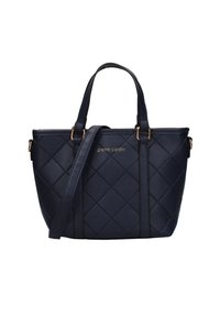 Borsa a tracolla trapuntata blu navy realizzata in materiale sintetico, con due manici corti, una tracolla lunga e un dettaglio del logo dorato sul davanti.