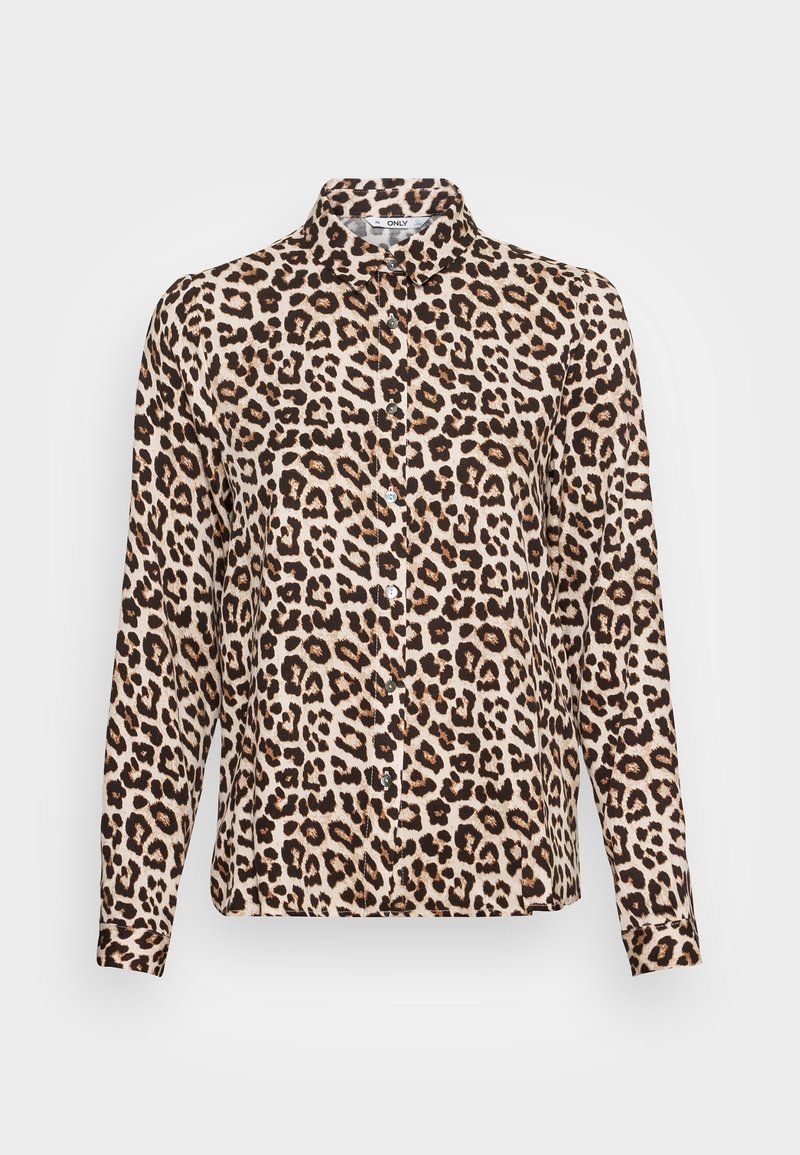 Leopard mønster skjorte med krave, lange ærmer og knaplukning. Har nuancer af brun på en beige baggrund. Glat stoftekstur.