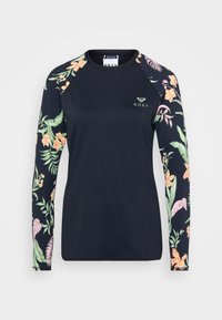 Dlhý rukáv rashguard v námorníckej farbe so vzorovanými rukávmi s kvetinami. Hladká, elastická tkanina obsahuje malé logo v strede.