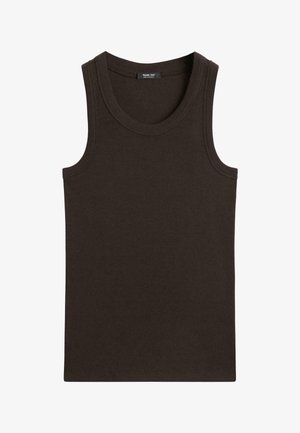 Ciemnobrązowy, prążkowany, bezrękawnik z okrągłym dekoltem, metka marki wewnątrz kołnierza, gładki wzór.