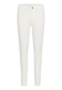 Jean skinny blanc en tissu denim, avec un bouton de fermeture, cinq poches et une texture lisse. Coupe ajustée avec une silhouette élégante.