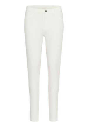 Jean skinny blanc en tissu denim, avec un bouton de fermeture, cinq poches et une texture lisse. Coupe ajustée avec une silhouette élégante.