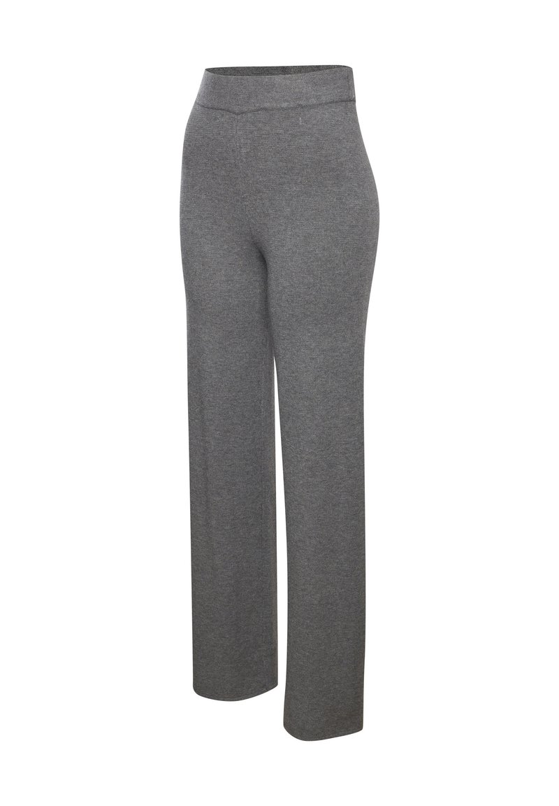 Gray, wide-leg pants made from a soft, textured fabric. Features a high, elastic waistband and a straight shape, suitable for casual wear.