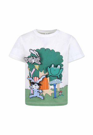 T-shirt bianco in cotone con personaggi dei cartoni animati colorati: una rana, un coniglio e un albero, su uno sfondo verde.