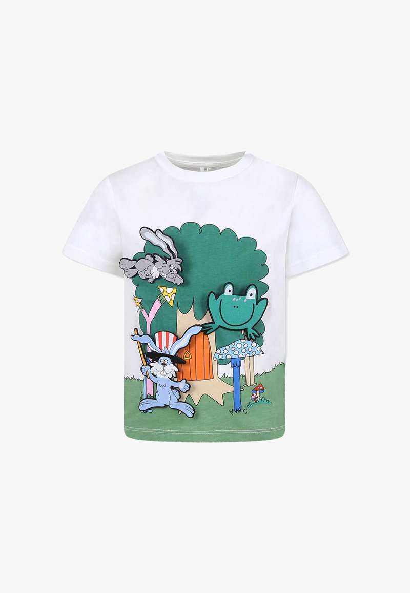 T-shirt bianco in cotone con personaggi dei cartoni animati colorati: una rana, un coniglio e un albero, su uno sfondo verde.
