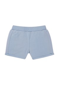 Helle blaue Shorts aus weichem Stoff mit elastischem Bund, seitlichen Taschen und umgeschlagenen Säumen. Keine sichtbaren Muster oder Verzierungen.