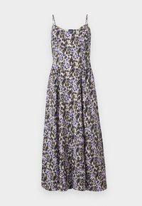 Blumen-maxikleid mit dünnen Trägern, mit lila, schwarzen und cremefarbenen Blumen auf einem dunklen Hintergrund. Material ist leicht und hat ein fließendes Design.