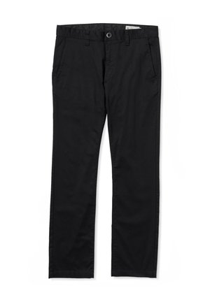 Pantaloni neri in cotone con design a gamba dritta, dotati di due tasche frontali, chiusura con bottone e dettagli di cucitura pulita.