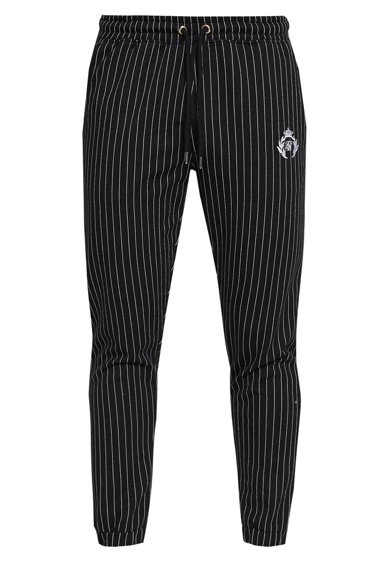 Black striped jogger pants made of soft fabric, featuring an elastic waistband with drawstring and a small logo detail on the side.