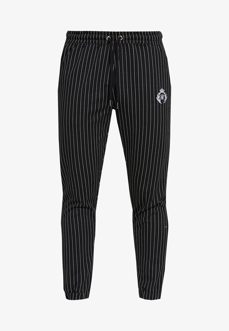 Black striped jogger pants made of soft fabric, featuring an elastic waistband with drawstring and a small logo detail on the side.