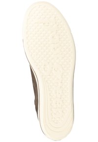 Chaussure marron avec une semelle en caoutchouc texturée présentant des motifs circulaires surélevés et le nom de la marque en relief. Le côté a une finition lisse avec des accents marron.