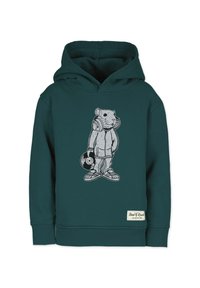 Turkos hoodie med en framsidan grafisk av en björn som bär hörlurar och håller en vinylskiva. Har en ribbad nederkant och ärmar.