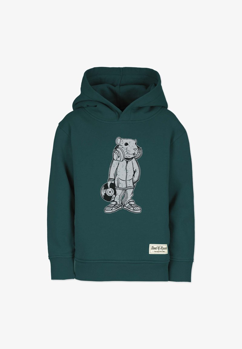 Turkos hoodie med en framsidan grafisk av en björn som bär hörlurar och håller en vinylskiva. Har en ribbad nederkant och ärmar.