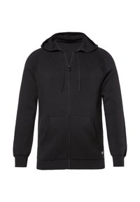Schwarze Zip-Hoodie aus Strickstoff. Verfügt über eine Kapuze, vordere Taschen und gerippte Bündchen. Einfaches Design ohne sichtbare Muster oder Logos.
