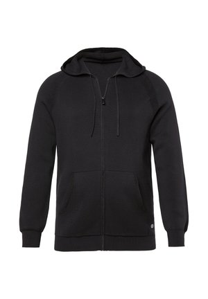 Sort zip-up hoodie lavet af strikstof. Har hætte, forlommer og ribbede manchetter. Simpelt design uden synlige mønstre eller logoer.