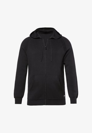Černá zipová mikina vyrobená z pleteného materiálu. Má kapuci, přední kapsy a žebrované manžety. Jednoduchý design bez viditelných vzorů nebo log.