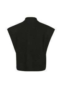 Black knitted sweater with a high collar and wide, sleeveless design. Soft texture with a smooth finish, suitable for layering.