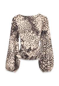 Long-sleeve blouse in light beige fabric with black spotted pattern, featuring a scooped neck, gathered sides, and voluminous sleeves.