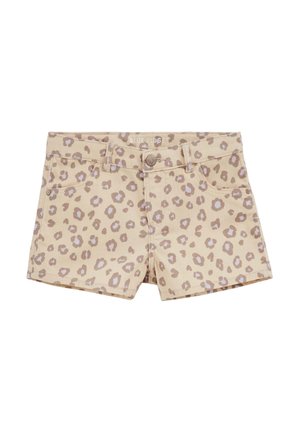 Pantalones cortos de mezclilla beige con estampado de leopardo en tonos marrón claro y gris, botón frontal, trabillas para cinturón y bolsillos delanteros.