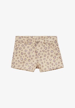 Bež kratke hlače od trapera s printom leoparda u svijetlo smeđoj i sivoj boji, prednjim gumbom, petljama za remen i prednjim džepovima.