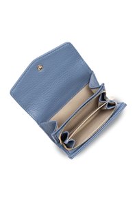 Blauwe leren portemonnee met een textuurafwerking, voorzien van twee open compartimenten en een ritszak. Sluiting met een metalen drukknoop.