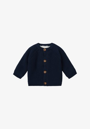 Cardigan lavorato a maglia blu navy con sei bottoni in legno, maniche raglan e motivo testurizzato. Fodera morbida visibile all'collo.