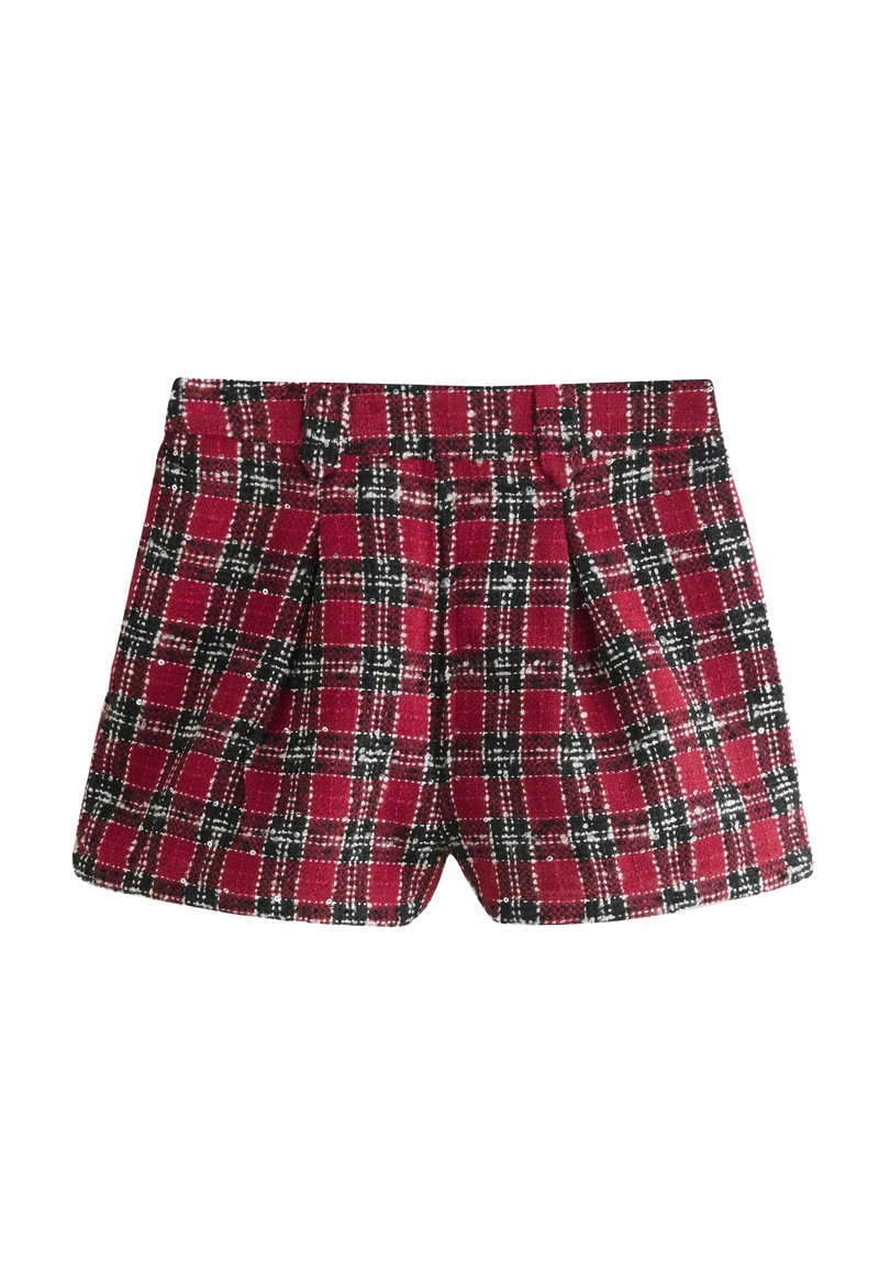Shorts cu talie înaltă, cu un model carourile roșu și negru, prevăzuți cu bucle pentru curea și pliuri frontale, confecționați dintr-un material texturat.