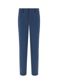 Marineblaue Hose aus leichtem Stoff, mit geradem Bein, vorderen Taschen und einem einzelnen Knopfverschluss an der Taille.