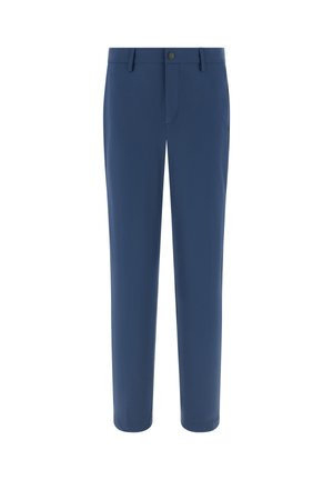 Marineblaue Hose aus leichtem Stoff, mit geradem Bein, vorderen Taschen und einem einzelnen Knopfverschluss an der Taille.