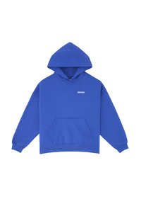 Felpa blu in cotone con maniche lunghe, una grande tasca frontale e cappuccio. Presenta testo bianco sul petto e polsini a coste.