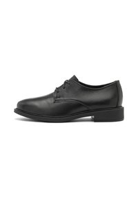 Scarpa da uomo in pelle nera con finitura liscia, punta arrotondata, design stringato e tacco quadrato basso. La suola presenta un leggero motivo di battistrada.