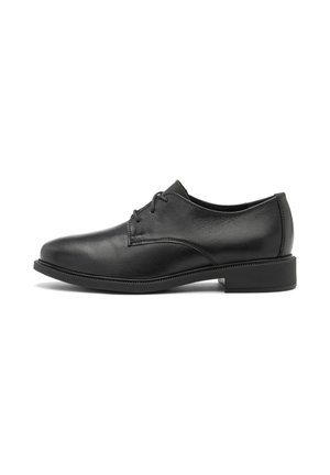 Scarpa da uomo in pelle nera con finitura liscia, punta arrotondata, design stringato e tacco quadrato basso. La suola presenta un leggero motivo di battistrada.