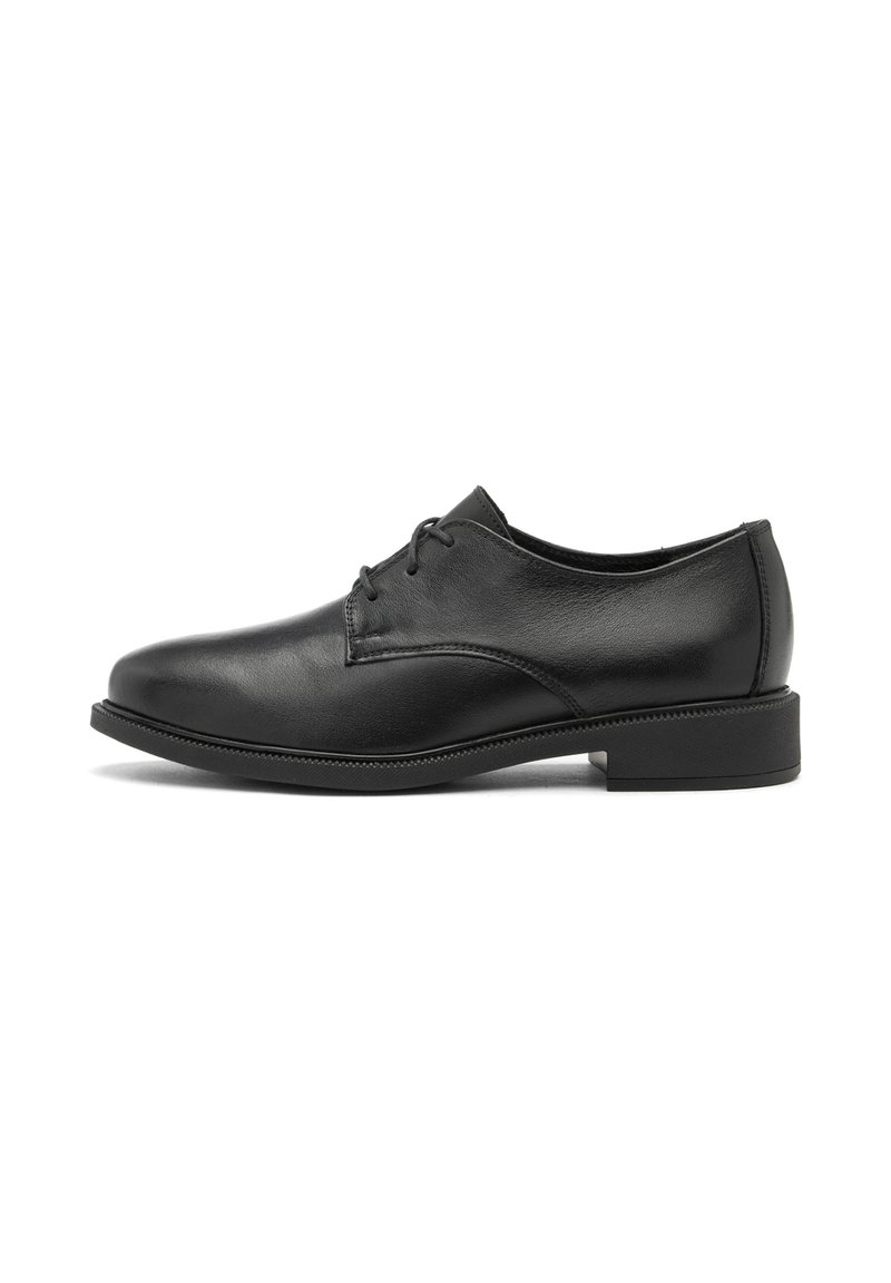 Scarpa da uomo in pelle nera con finitura liscia, punta arrotondata, design stringato e tacco quadrato basso. La suola presenta un leggero motivo di battistrada.