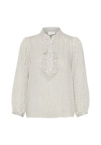Blouse blanche avec des rayures verticales bleu marine, plastron froncé et longues manches avec des poignets froncés. Tissu léger, design décontracté.