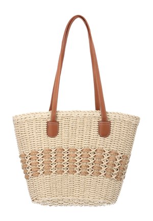 Geweven beige stro tote tas met verweven lichtbruine knopen en bruine schouderbanden van nep leer met witte stiksels.