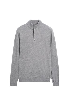 Gray long-sleeve polo sweater made of soft fabric, featuring a high collar and three-button placket, with ribbed cuffs and hem.