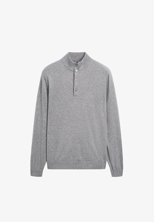 Grau langärmeliger Polo-Pullover aus weichem Material, mit hohem Kragen und dreiknöpfiger Knopfleiste, sowie gerippten Bündchen und Saum.