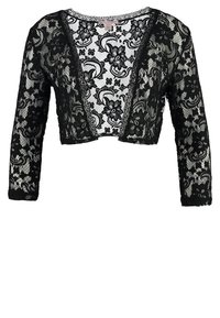 Svart spetskort cardigan med långa ärmar, djup V-ringning, blommönster och öppen frontdesign. Lätt och texturerad tyg.