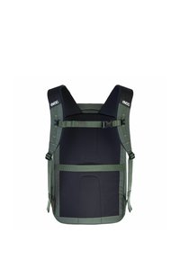 Zaino con rete nera imbottita e cinturini in nylon verde. Dotato di spallacci regolabili, fibbie centrali e design ergonomico.