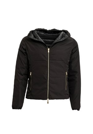 Giacca nera con cappuccio e zip frontale, dotata di due tasche laterali con zip e polsini elasticizzati. Realizzata in un materiale liscio e isolato.