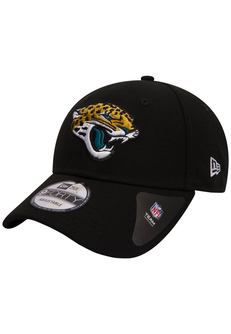 Cappellino da baseball nero con logo di un giaguaro ricamato giallo e teal sul davanti, dotato di cinturino regolabile e senza motivi visibili.