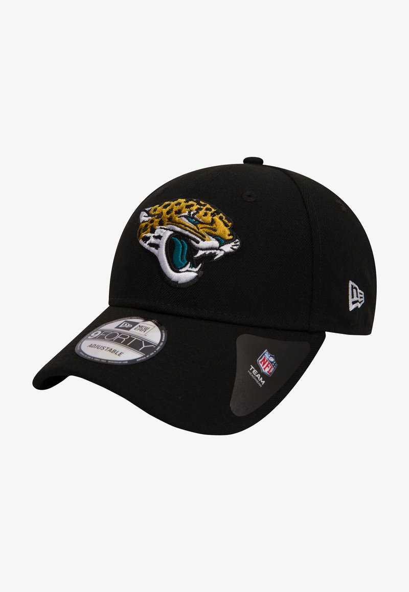 Schwarze Baseballmütze mit einem gestickten gelben und türkisfarbenen Jaguar-Logo auf der Vorderseite, mit einem verstellbaren Riemen und ohne sichtbare Muster.